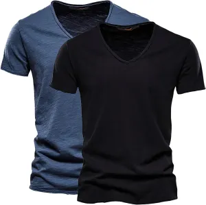 2 Pack Men's Big and Tall Cotton T-Shirt Summer Short Sleeve V-Neck Fitted Solid Casual Gym Workout Muscle Tees Shirt