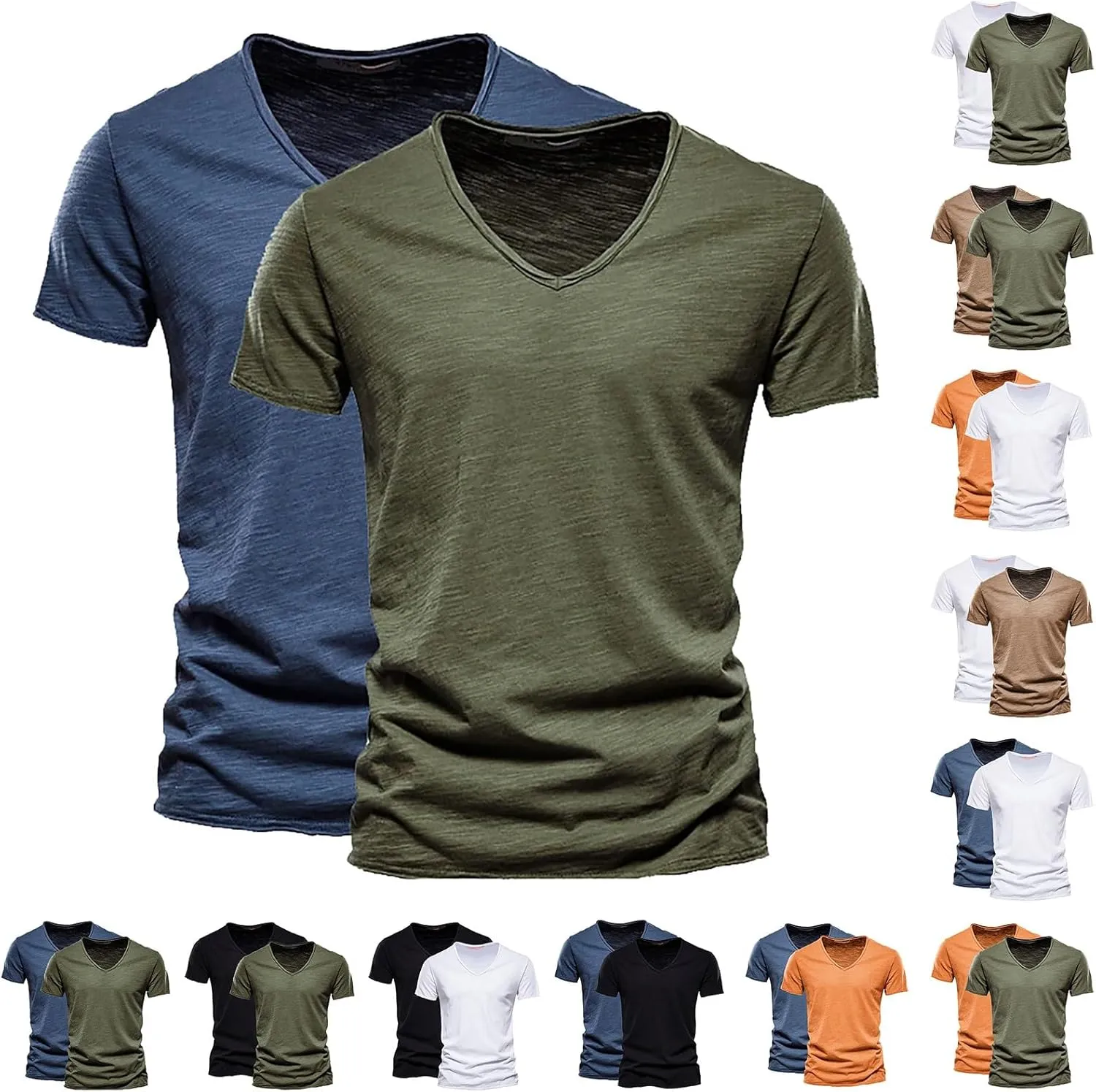 2 Pack Men's Big and Tall Cotton T-Shirt Summer Short Sleeve V-Neck Fitted Solid Casual Gym Workout Muscle Tees Shirt