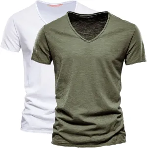 2 Pack Men's Big and Tall Cotton T-Shirt Summer Short Sleeve V-Neck Fitted Solid Casual Gym Workout Muscle Tees Shirt