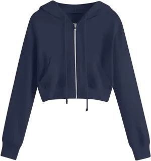 2025 Womens Cropped Zip Up Hoodie Long Sleeve Workout Hooded Sweatshirt Casual Drawstring Jackets Trendy Spring Coat
