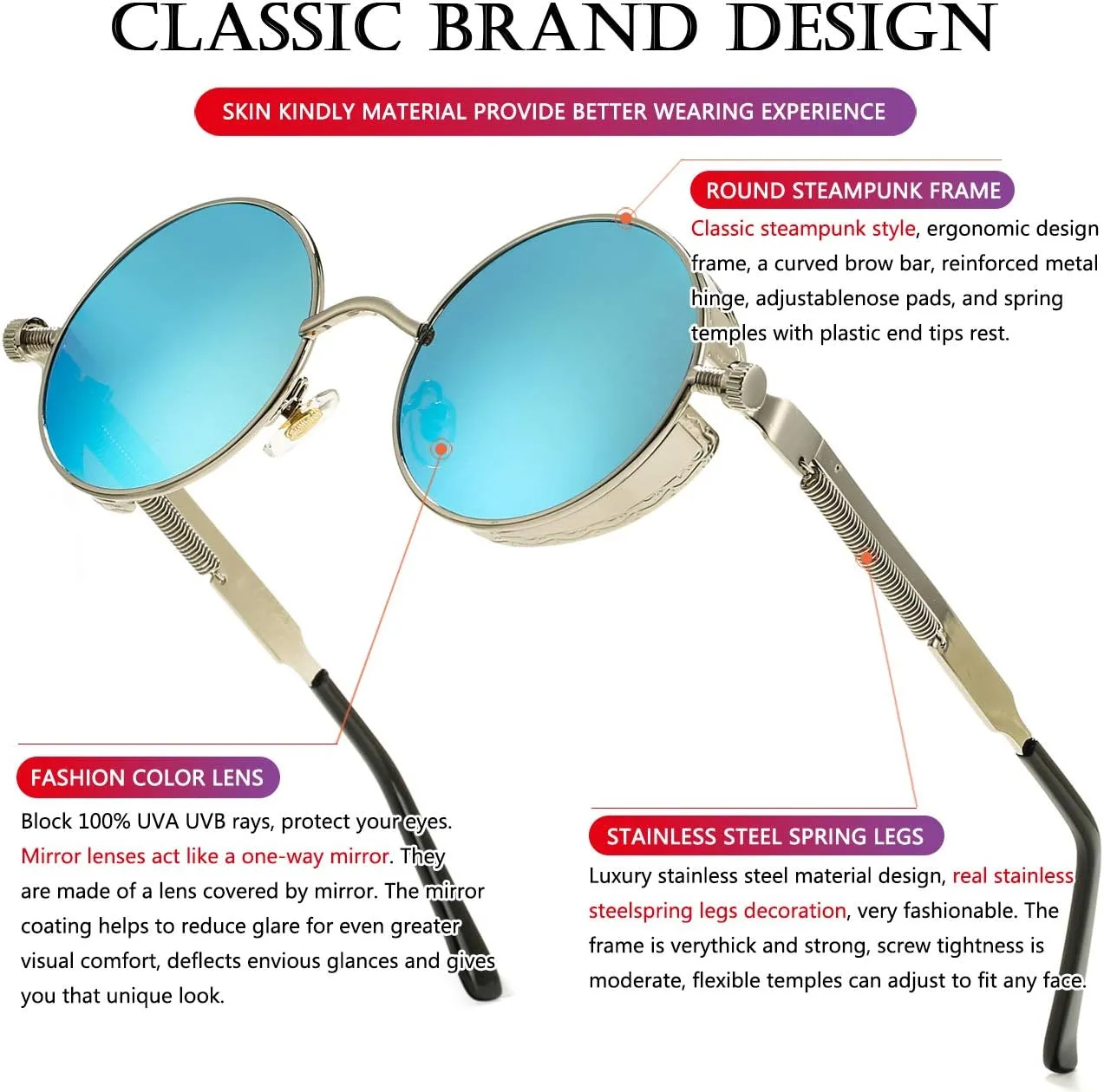 AIEYEZO Round Steampunk Sunglasses for Men Women Gothic Glasses Vintage Circle Metal Frame 100% UV Blocking Lens