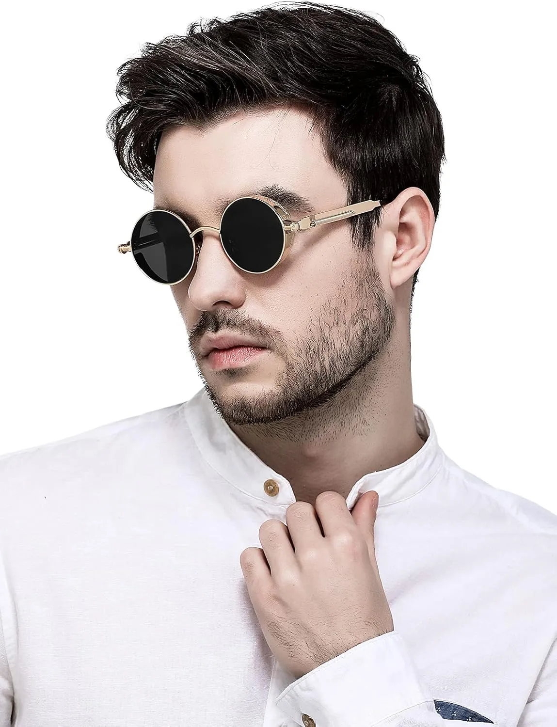 AIEYEZO Round Steampunk Sunglasses for Men Women Gothic Glasses Vintage Circle Metal Frame 100% UV Blocking Lens