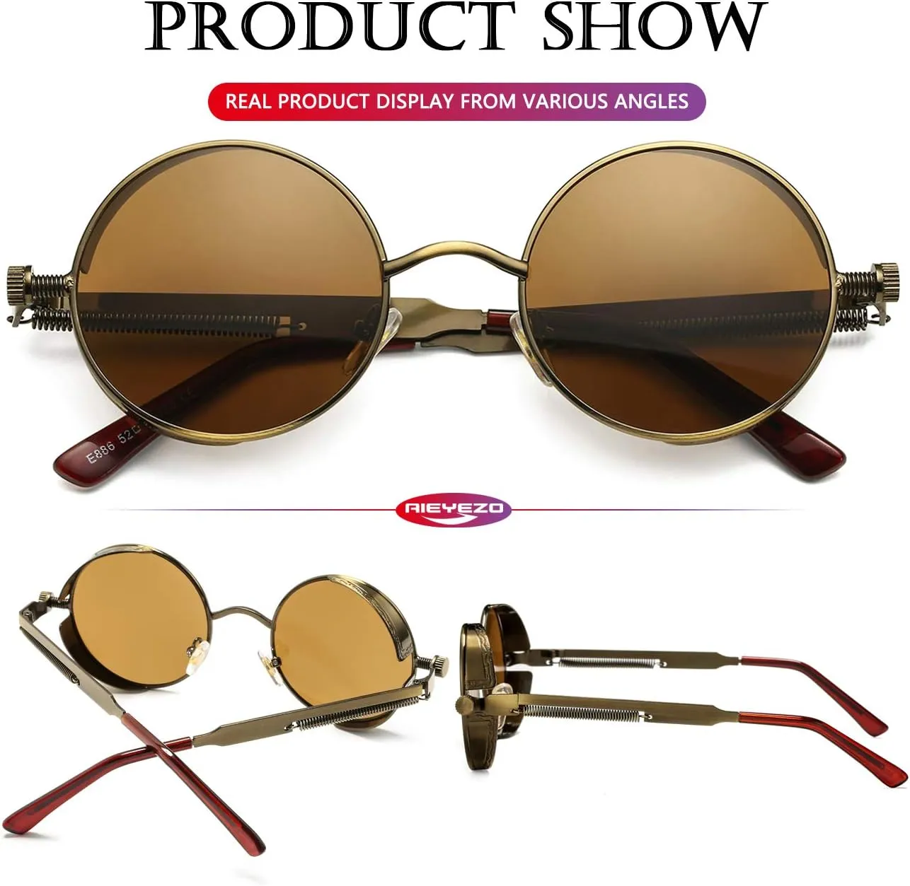 AIEYEZO Round Steampunk Sunglasses for Men Women Gothic Glasses Vintage Circle Metal Frame 100% UV Blocking Lens