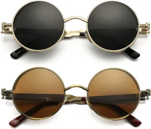 AIEYEZO Round Steampunk Sunglasses for Men Women Gothic Glasses Vintage Circle Metal Frame 100% UV Blocking Lens