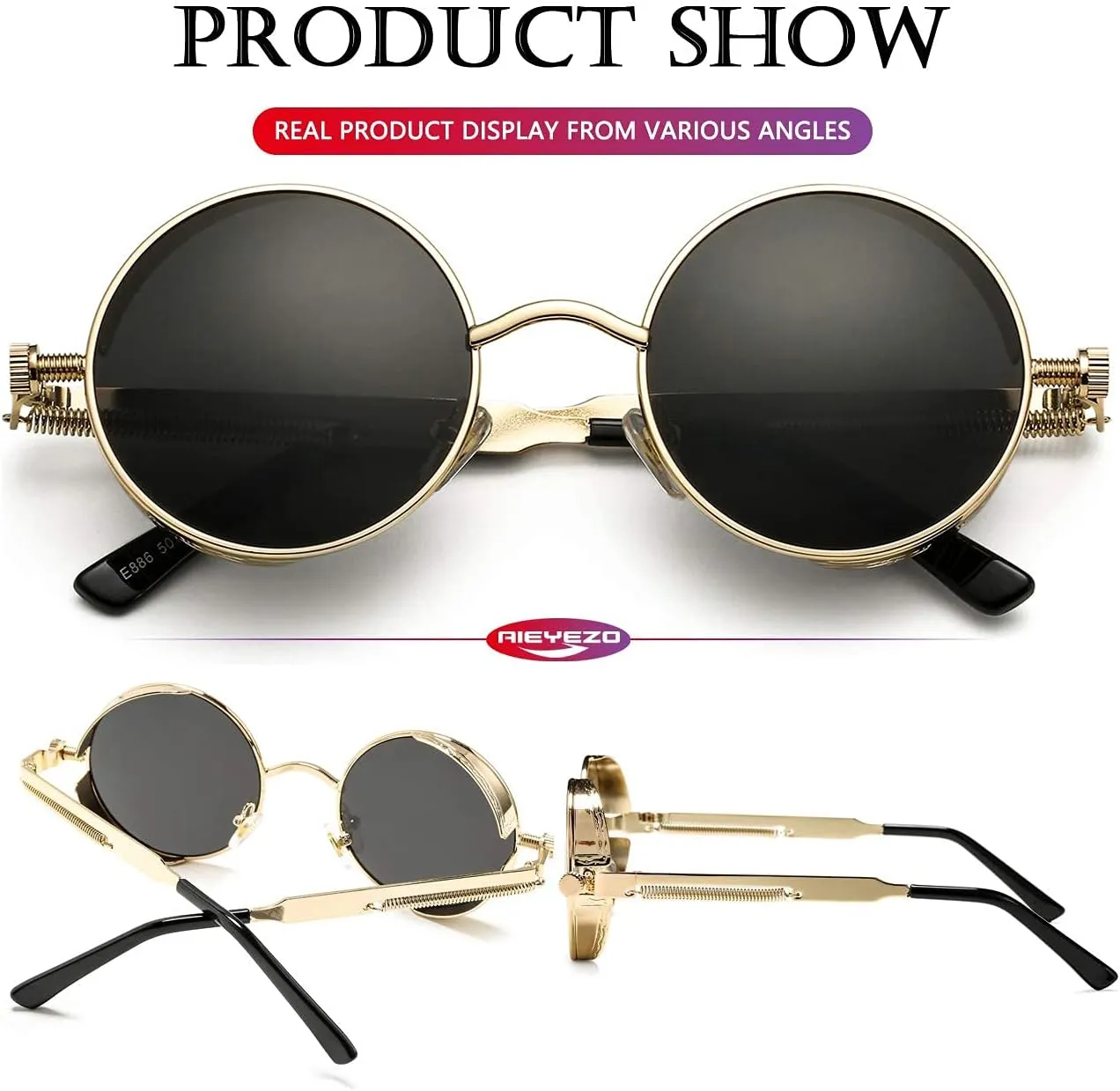 AIEYEZO Round Steampunk Sunglasses for Men Women Gothic Glasses Vintage Circle Metal Frame 100% UV Blocking Lens