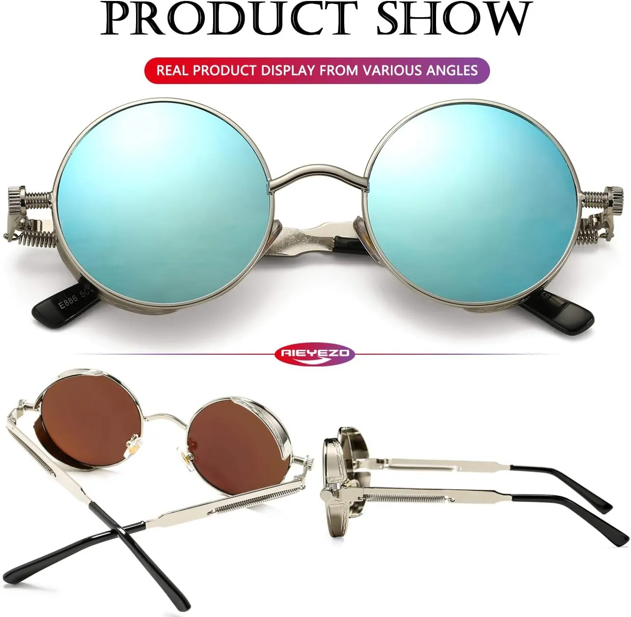 AIEYEZO Round Steampunk Sunglasses for Men Women Gothic Glasses Vintage Circle Metal Frame 100% UV Blocking Lens