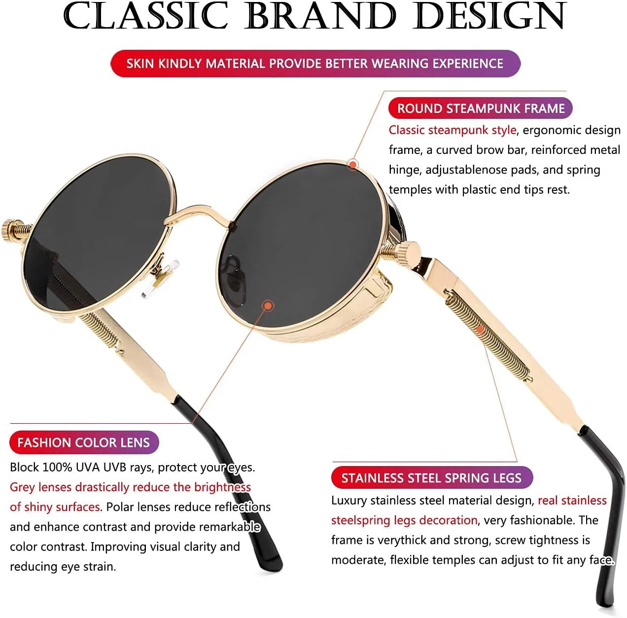 AIEYEZO Round Steampunk Sunglasses for Men Women Gothic Glasses Vintage Circle Metal Frame 100% UV Blocking Lens