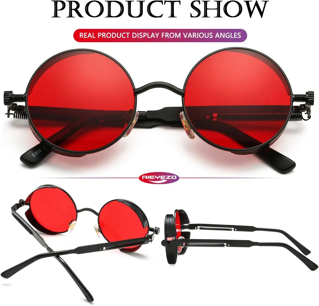 AIEYEZO Round Steampunk Sunglasses for Men Women Gothic Glasses Vintage Circle Metal Frame 100% UV Blocking Lens