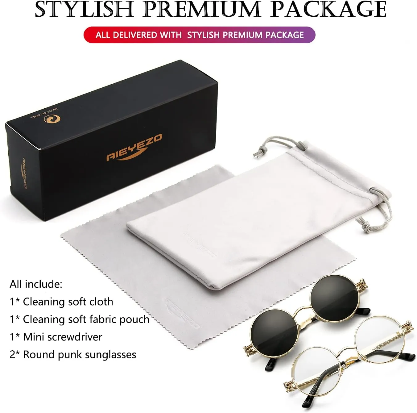 AIEYEZO Round Steampunk Sunglasses for Men Women Gothic Glasses Vintage Circle Metal Frame 100% UV Blocking Lens