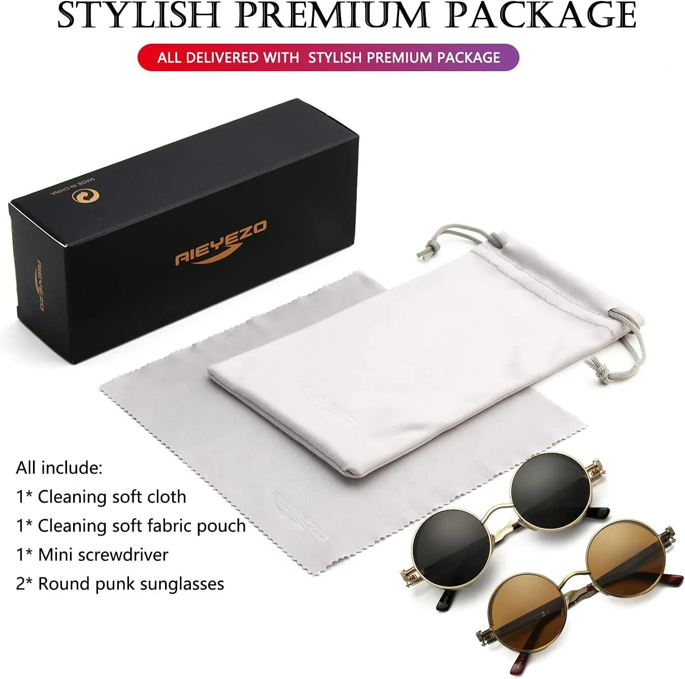 AIEYEZO Round Steampunk Sunglasses for Men Women Gothic Glasses Vintage Circle Metal Frame 100% UV Blocking Lens