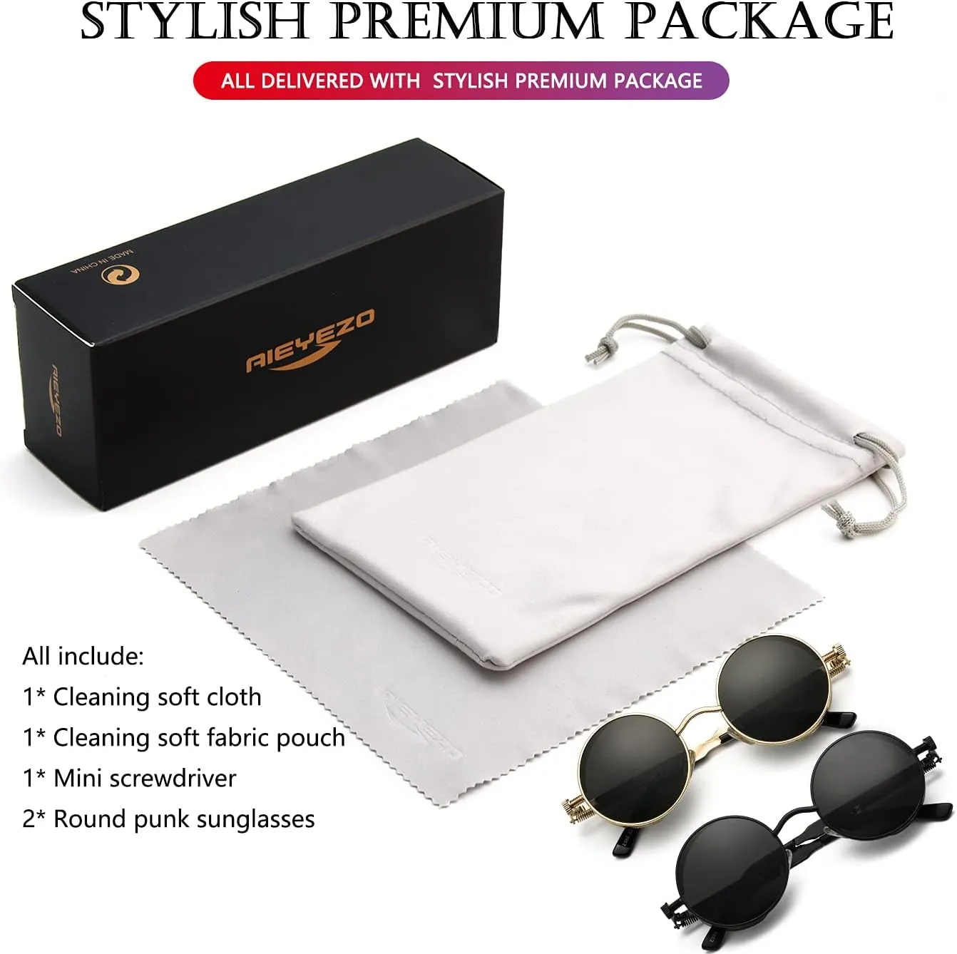 AIEYEZO Round Steampunk Sunglasses for Men Women Gothic Glasses Vintage Circle Metal Frame 100% UV Blocking Lens