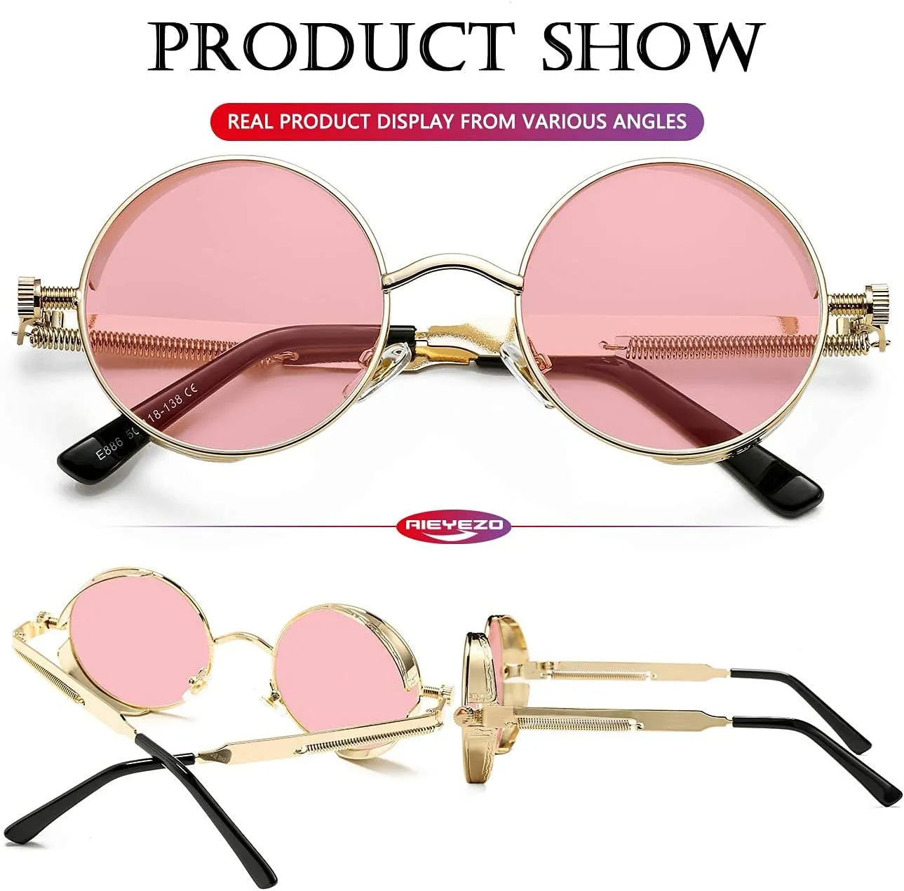 AIEYEZO Round Steampunk Sunglasses for Men Women Gothic Glasses Vintage Circle Metal Frame 100% UV Blocking Lens