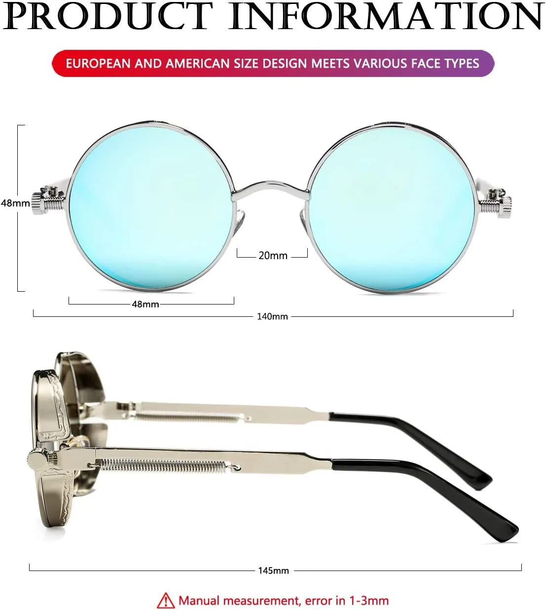 AIEYEZO Round Steampunk Sunglasses for Men Women Gothic Glasses Vintage Circle Metal Frame 100% UV Blocking Lens