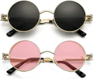 AIEYEZO Round Steampunk Sunglasses for Men Women Gothic Glasses Vintage Circle Metal Frame 100% UV Blocking Lens