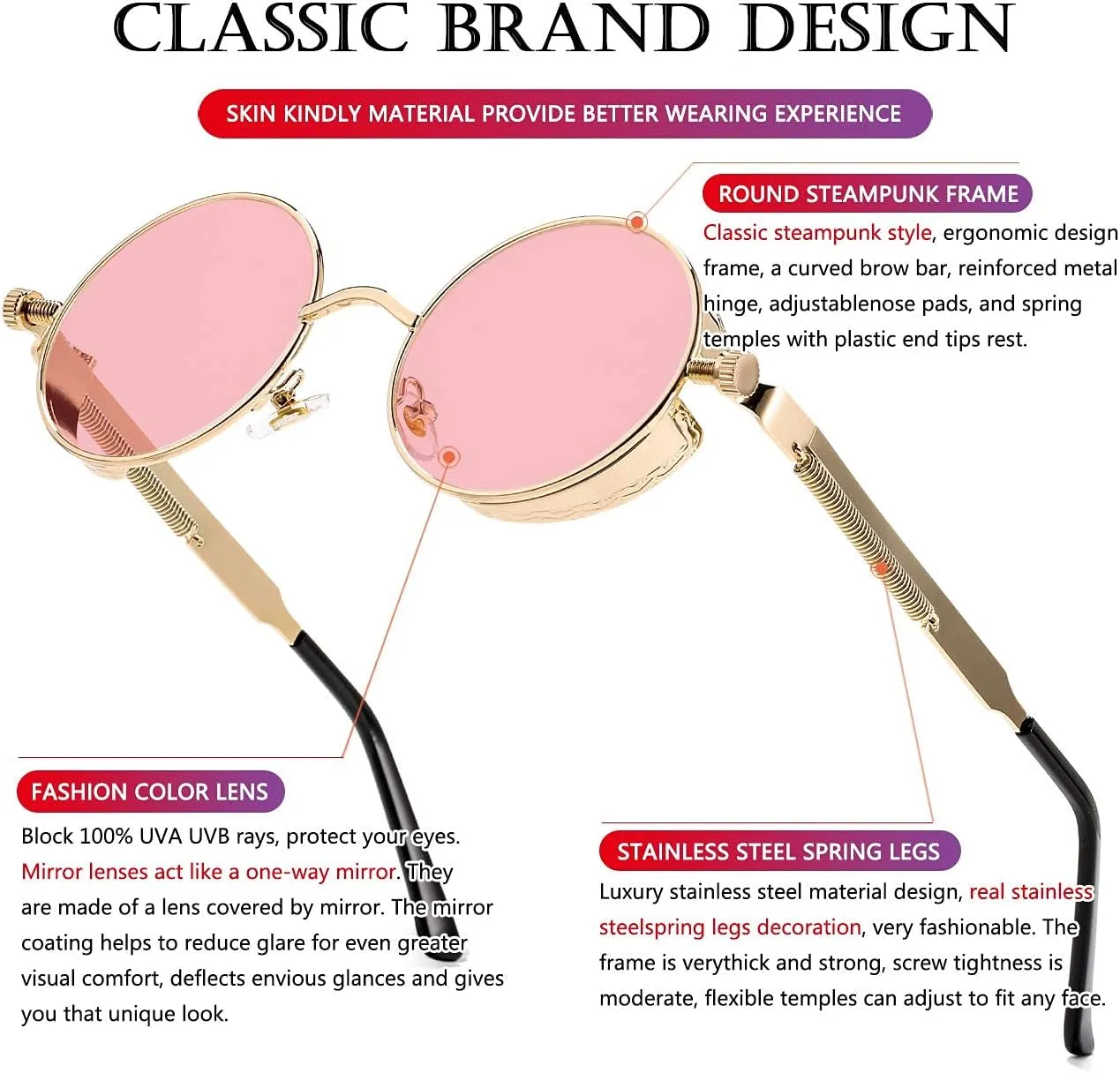 AIEYEZO Round Steampunk Sunglasses for Men Women Gothic Glasses Vintage Circle Metal Frame 100% UV Blocking Lens