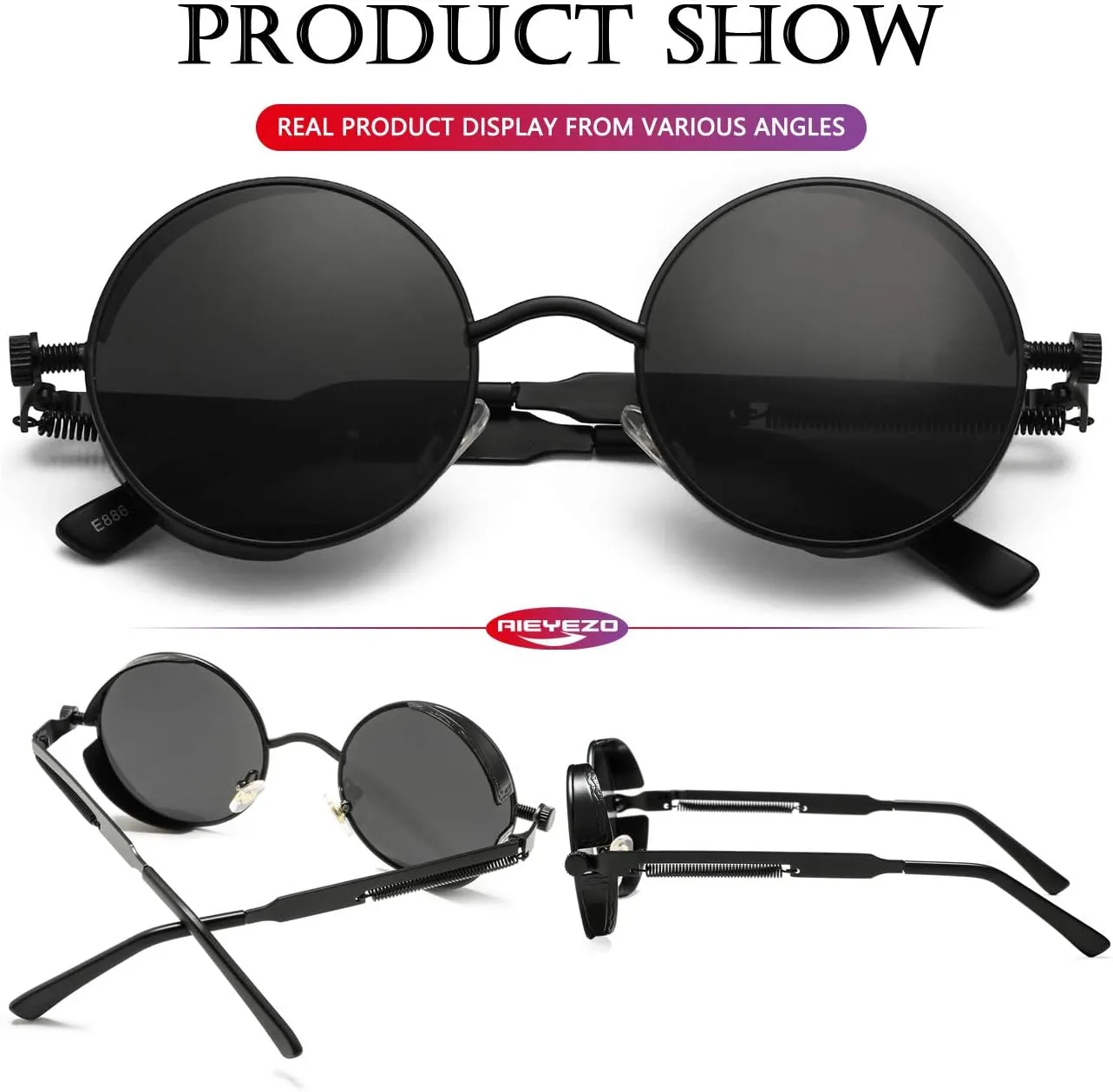 AIEYEZO Round Steampunk Sunglasses for Men Women Gothic Glasses Vintage Circle Metal Frame 100% UV Blocking Lens