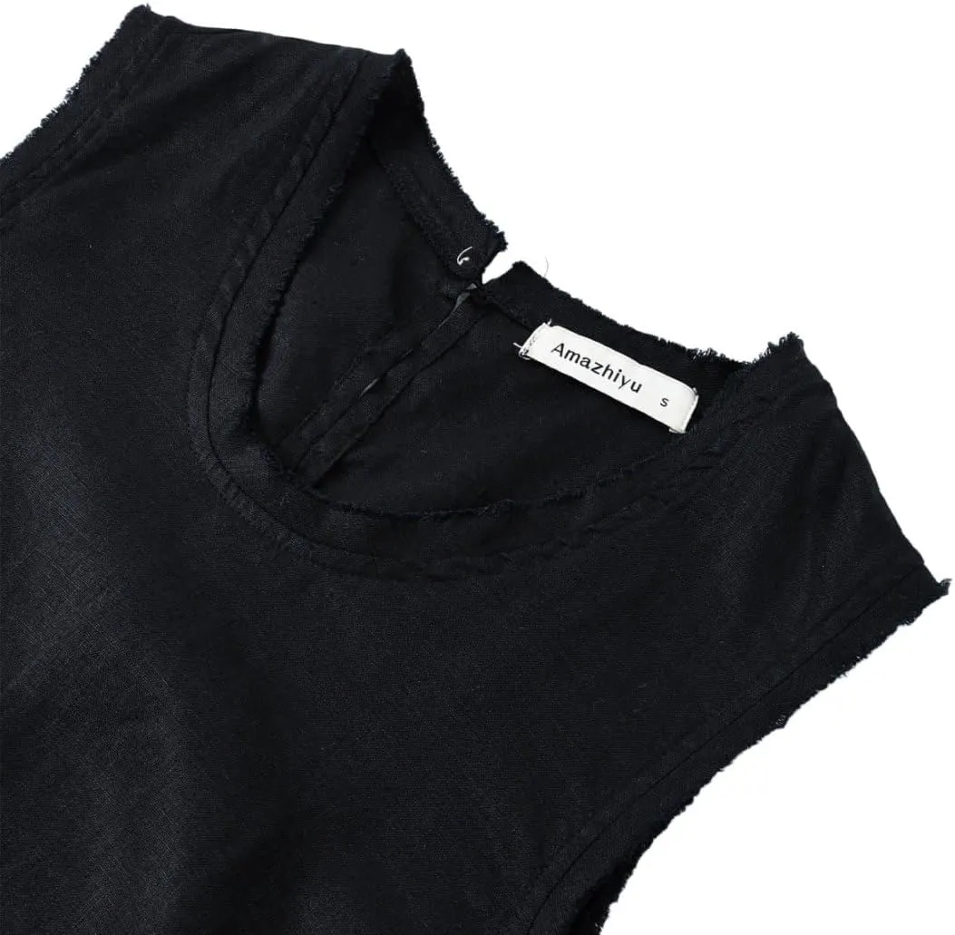 Amazhiyu Womens 100% Linen Summer Scoop Neck Tank Tops Sleeveless Raw Edge Blouse