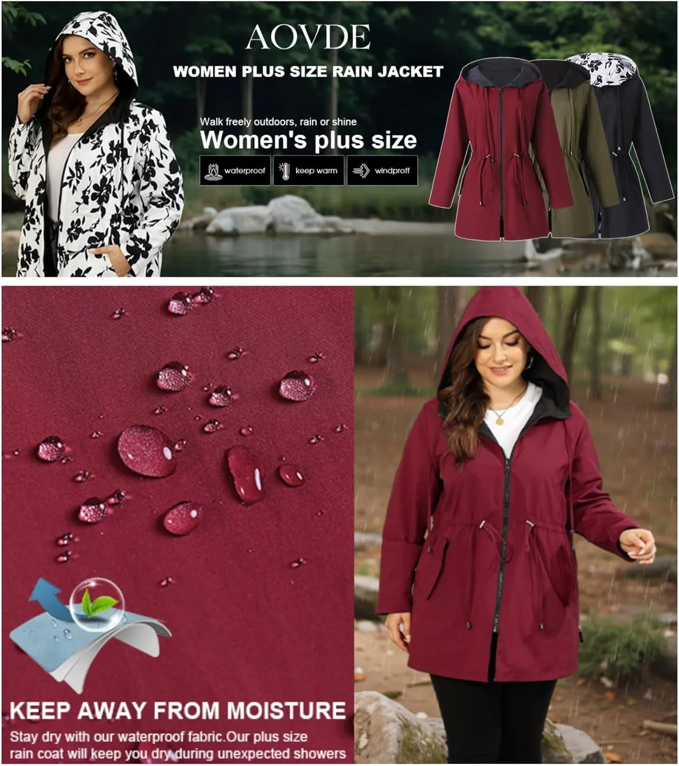 AOVDE Women's Rain Jacket Plus Size: Waterproof Raincoat Reversible Lightweight Windbreaker Jackets with Hooded