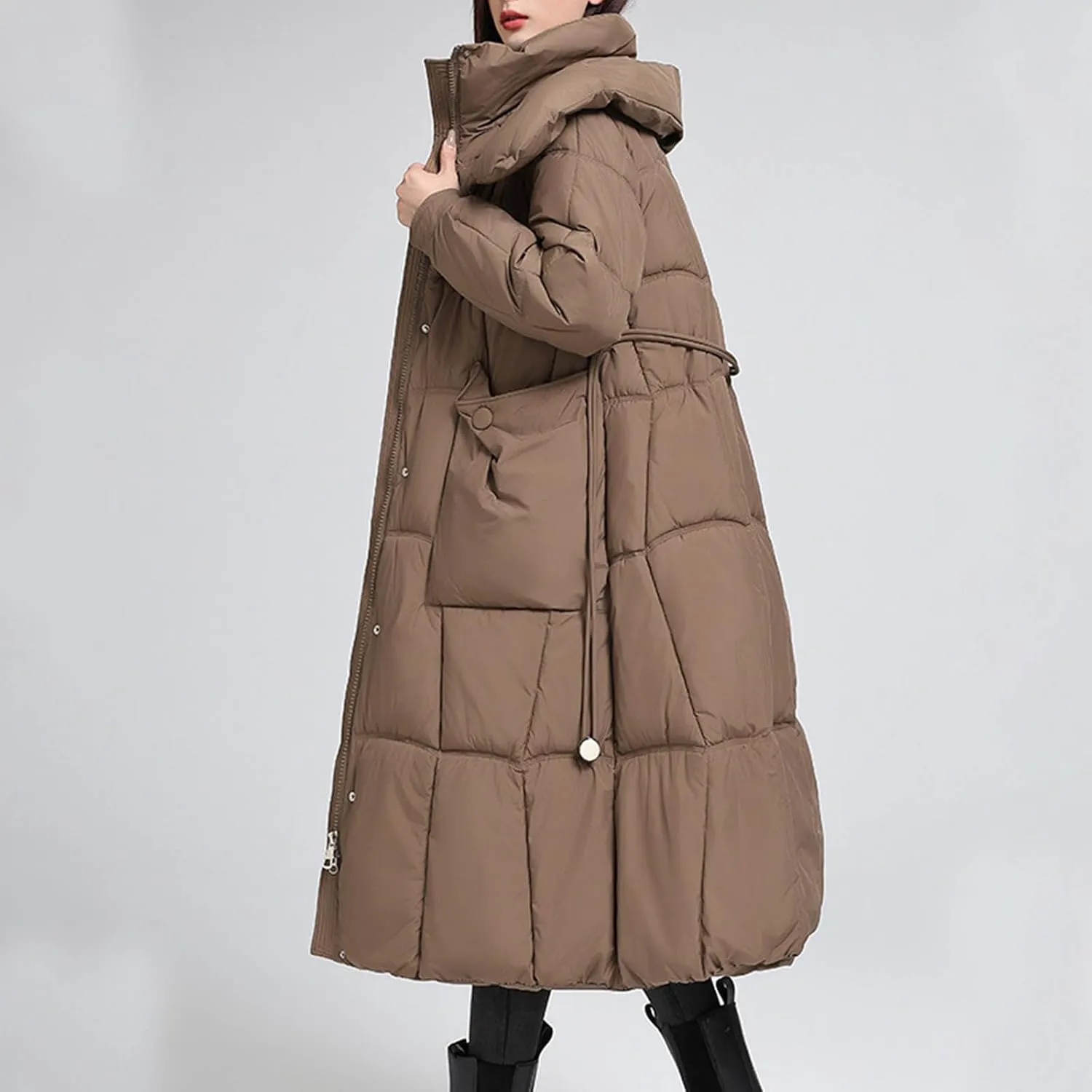 Borniu Women's Long Down Coat Hooded Maxi Down Parka Puffer Jacket Quilted Warm Winter Coats Thickened Outerwear