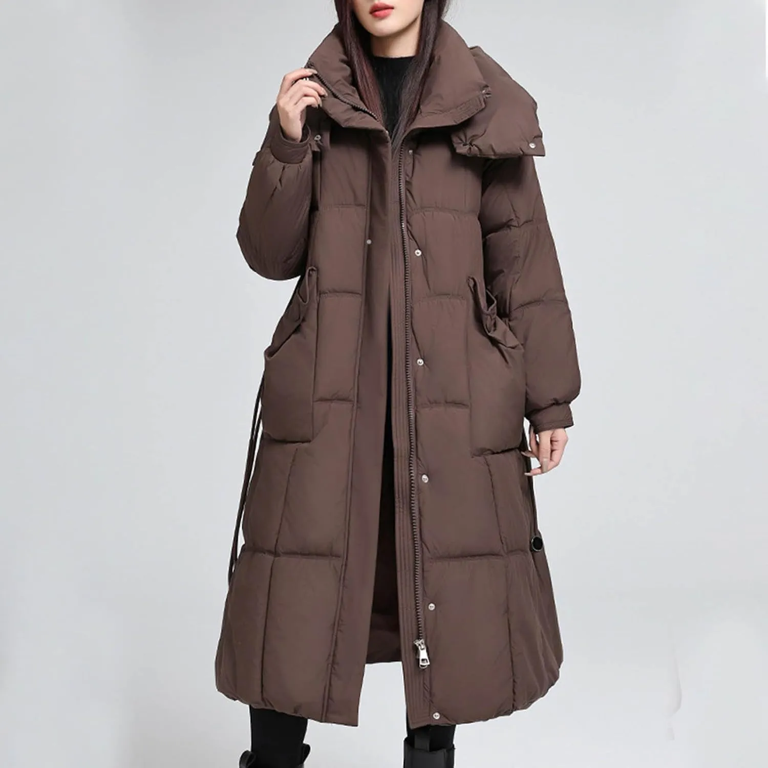 Borniu Women's Long Down Coat Hooded Maxi Down Parka Puffer Jacket Quilted Warm Winter Coats Thickened Outerwear