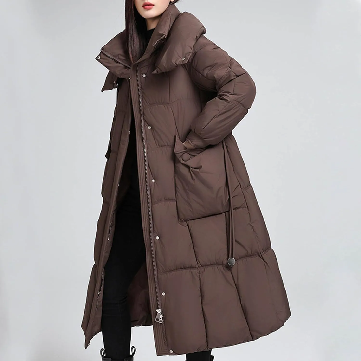 Borniu Women's Long Down Coat Hooded Maxi Down Parka Puffer Jacket Quilted Warm Winter Coats Thickened Outerwear