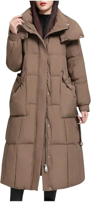 Borniu Women's Long Down Coat Hooded Maxi Down Parka Puffer Jacket Quilted Warm Winter Coats Thickened Outerwear
