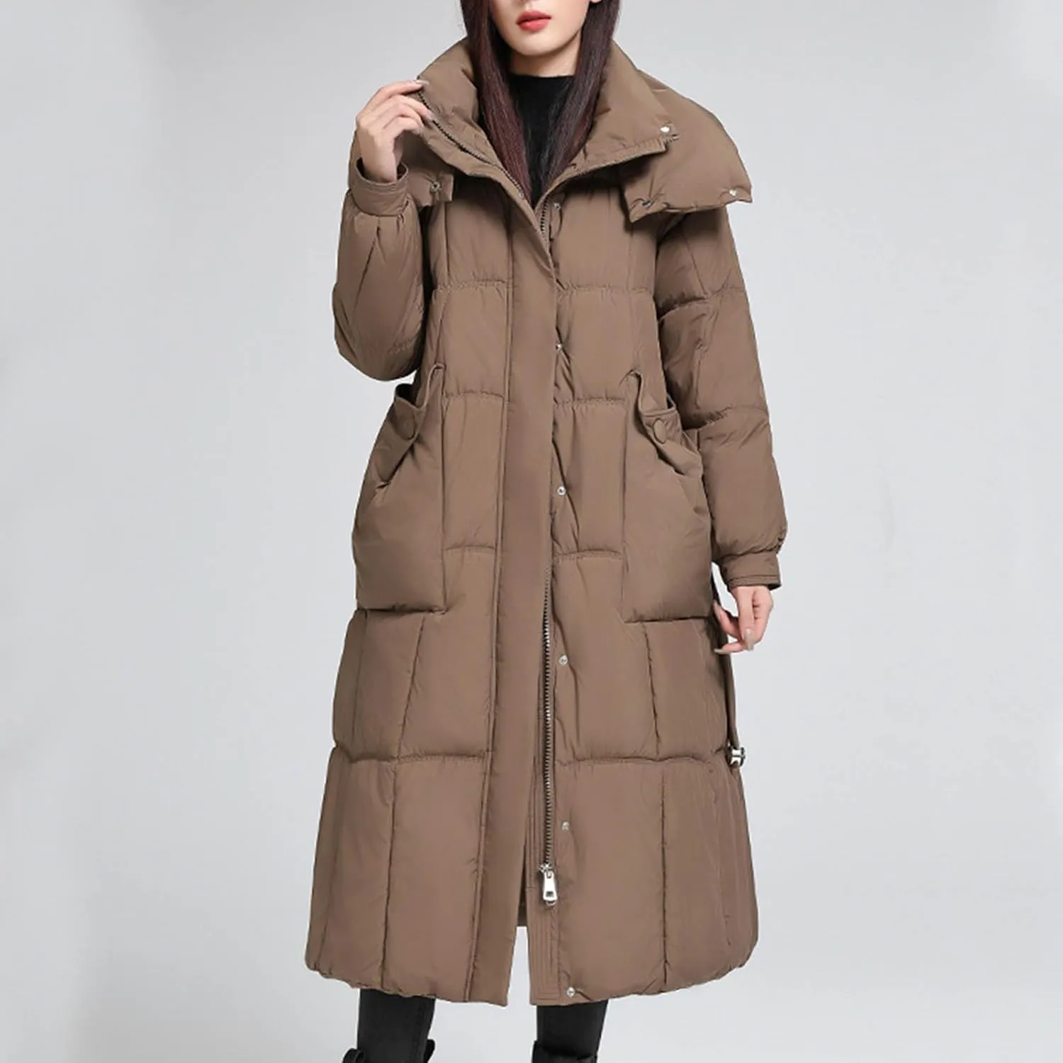 Borniu Women's Long Down Coat Hooded Maxi Down Parka Puffer Jacket Quilted Warm Winter Coats Thickened Outerwear