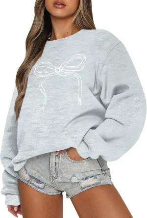 Bow Print Crewneck Sweatshirts Women Baggy Comfy Casual Fleece Oversized Sweatshirts Trendy Valentines Pullover Tops