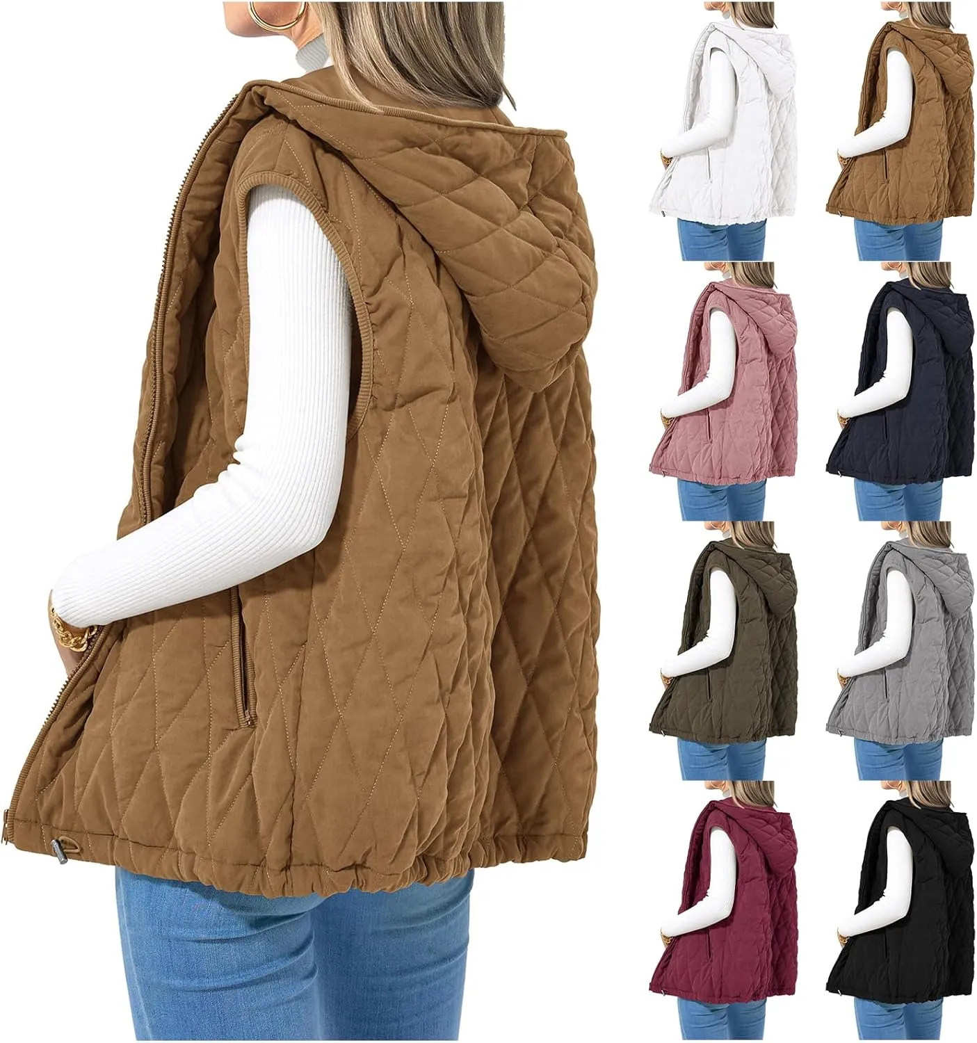 Canbebig Women's Vest Casual Hooded Jackets Sleeveless Puffer Vest Zip Up Down Coats Warm Winter Coats Outwear with Pockets