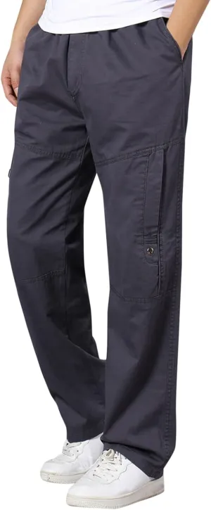 Cargo Pants for Men Relaxed Fit Elastic Waist Trouser Work Wear Combat Fitness Drawstring Pocket Rope Loose Sweatpant