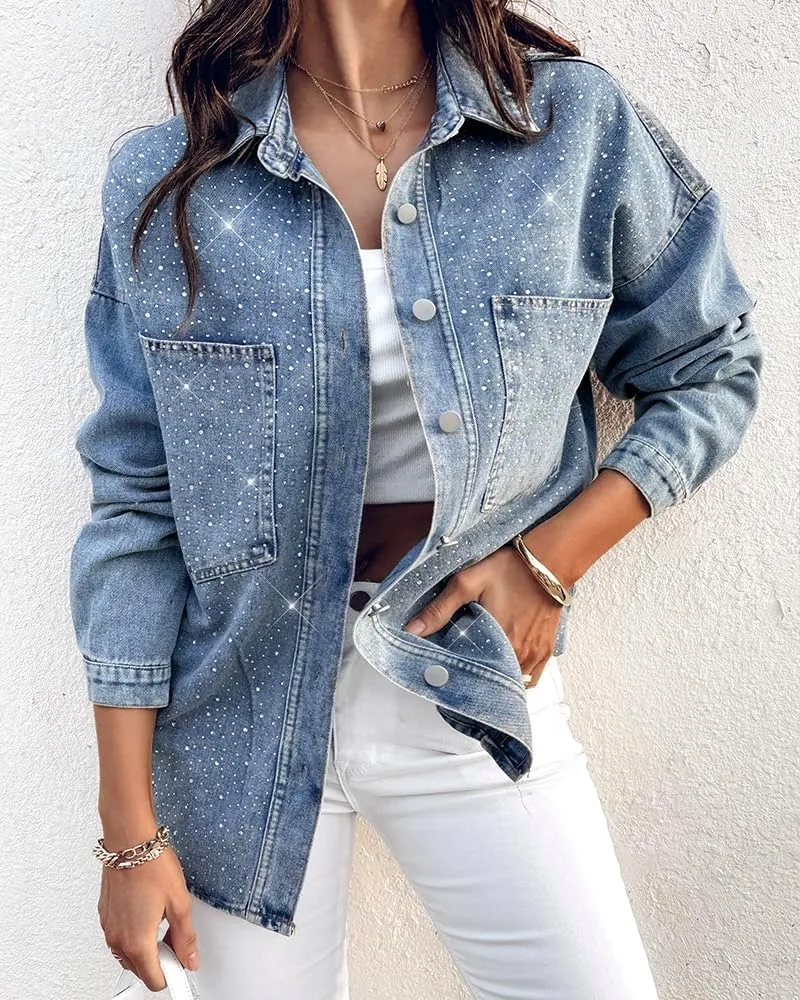 ChicMe Womens Denim Casual Jacket Turn-down Collar Contrast Sequin Long Sleeve Fringe Hem Denim Jacket Casual Coat