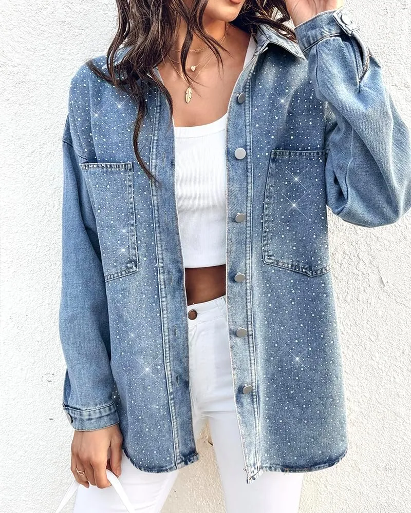 ChicMe Womens Denim Casual Jacket Turn-down Collar Contrast Sequin Long Sleeve Fringe Hem Denim Jacket Casual Coat