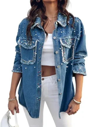 ChicMe Womens Denim Casual Jacket Turn-down Collar Contrast Sequin Long Sleeve Fringe Hem Denim Jacket Casual Coat