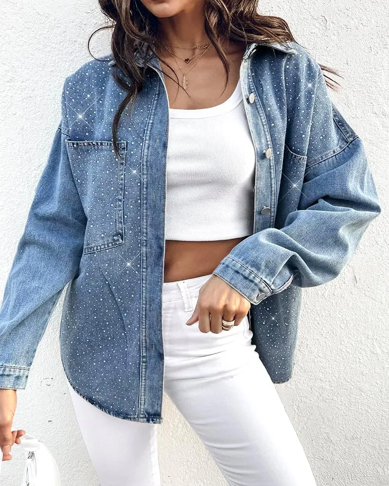 ChicMe Womens Denim Casual Jacket Turn-down Collar Contrast Sequin Long Sleeve Fringe Hem Denim Jacket Casual Coat