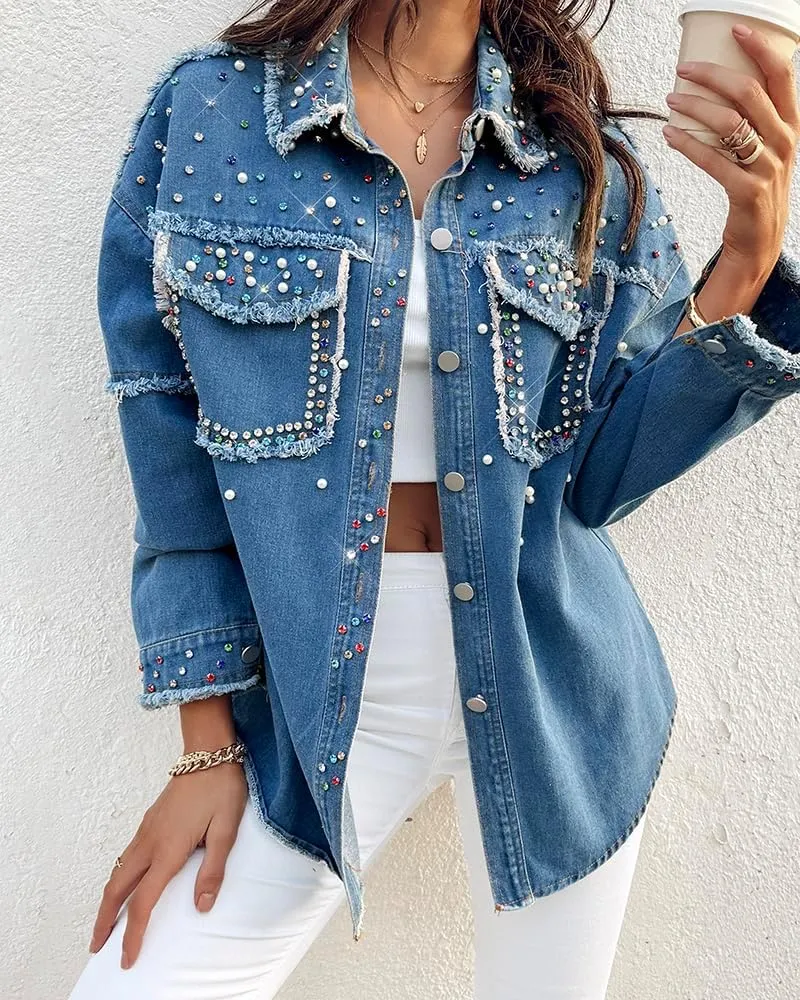 ChicMe Womens Denim Casual Jacket Turn-down Collar Contrast Sequin Long Sleeve Fringe Hem Denim Jacket Casual Coat