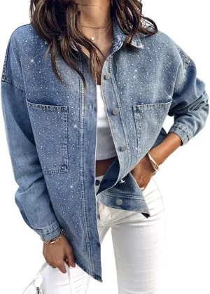 ChicMe Womens Denim Casual Jacket Turn-down Collar Contrast Sequin Long Sleeve Fringe Hem Denim Jacket Casual Coat