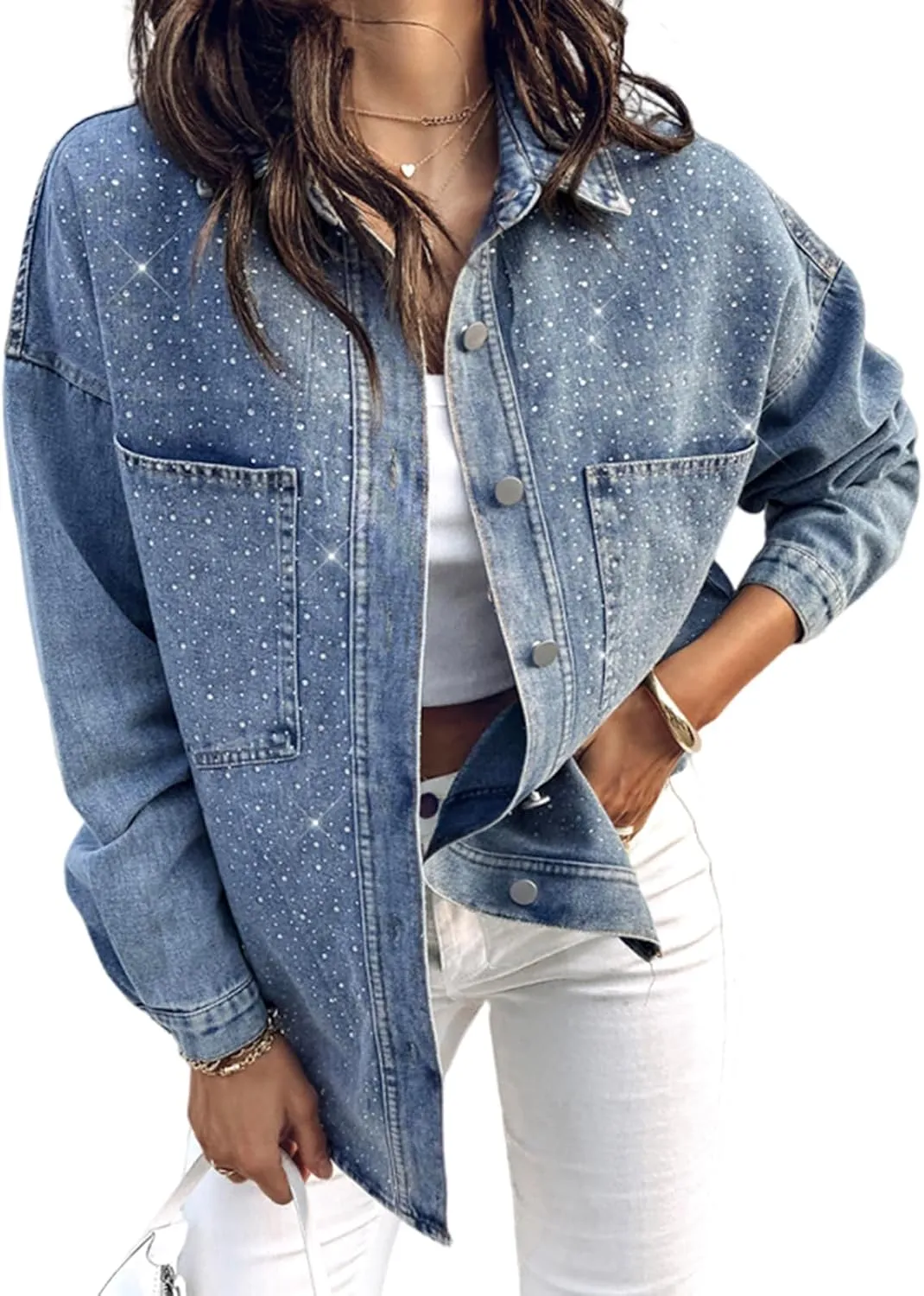ChicMe Womens Denim Casual Jacket Turn-down Collar Contrast Sequin Long Sleeve Fringe Hem Denim Jacket Casual Coat