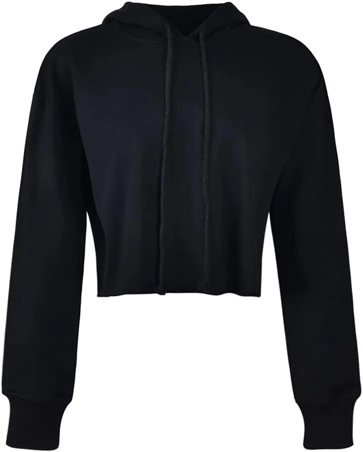 chouyatou Women's Casual Cut Raw Edge Cropped Hooded Pullover Sweatshirt Hoodie
