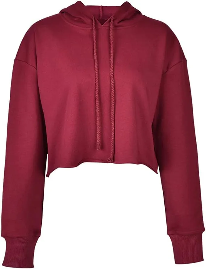 chouyatou Women's Casual Cut Raw Edge Cropped Hooded Pullover Sweatshirt Hoodie
