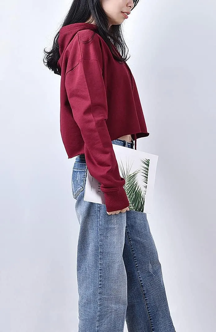 chouyatou Women's Casual Cut Raw Edge Cropped Hooded Pullover Sweatshirt Hoodie