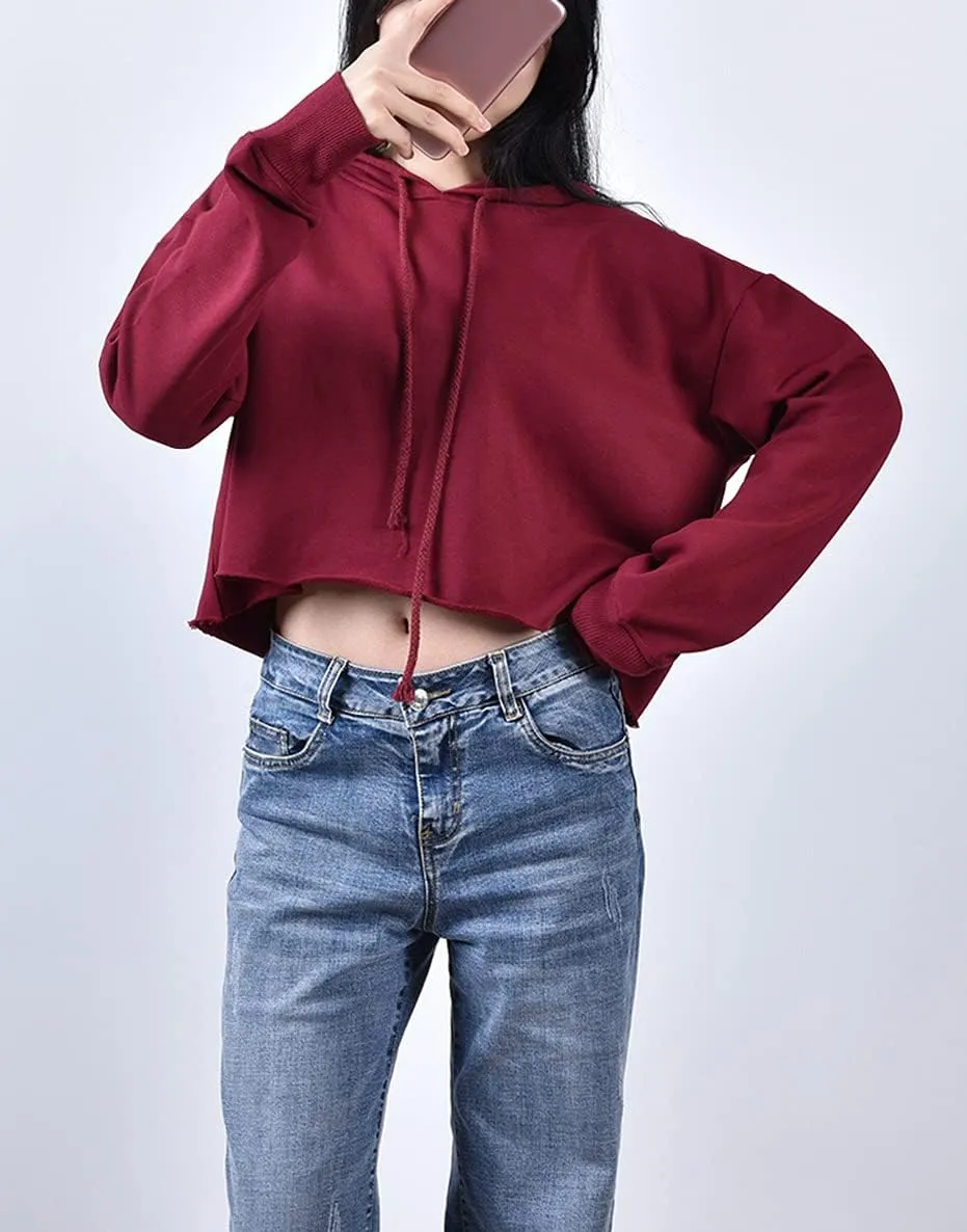 chouyatou Women's Casual Cut Raw Edge Cropped Hooded Pullover Sweatshirt Hoodie