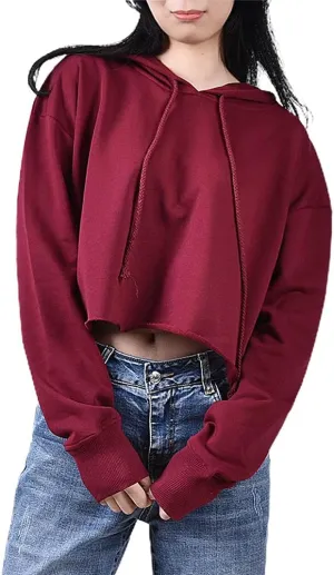 chouyatou Women's Casual Cut Raw Edge Cropped Hooded Pullover Sweatshirt Hoodie