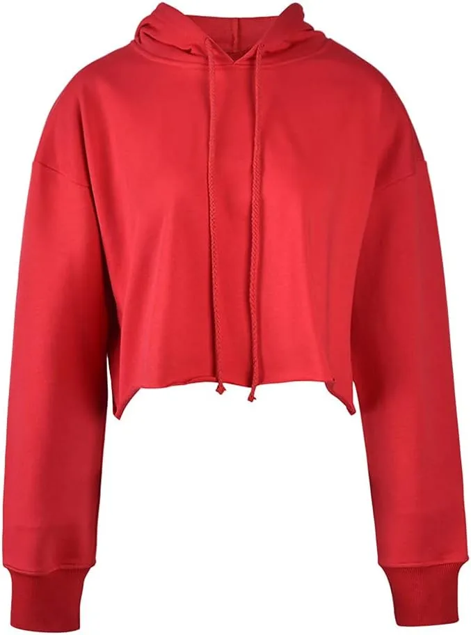 chouyatou Women's Casual Cut Raw Edge Cropped Hooded Pullover Sweatshirt Hoodie