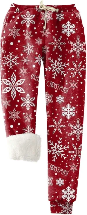 Christmas Fleece Joggers Women Plus Size Cute Polka Dot Sherpa Lined Sweatpants Thermal High Waisted Pants w/Pockets