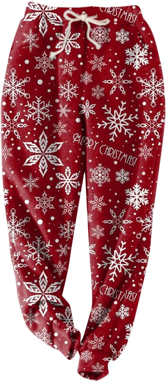 Christmas Fleece Joggers Women Plus Size Cute Polka Dot Sherpa Lined Sweatpants Thermal High Waisted Pants w/Pockets