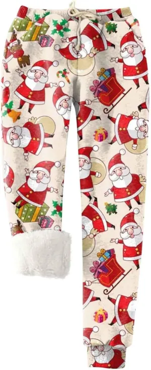 Christmas Fleece Joggers Women Plus Size Cute Polka Dot Sherpa Lined Sweatpants Thermal High Waisted Pants w/Pockets