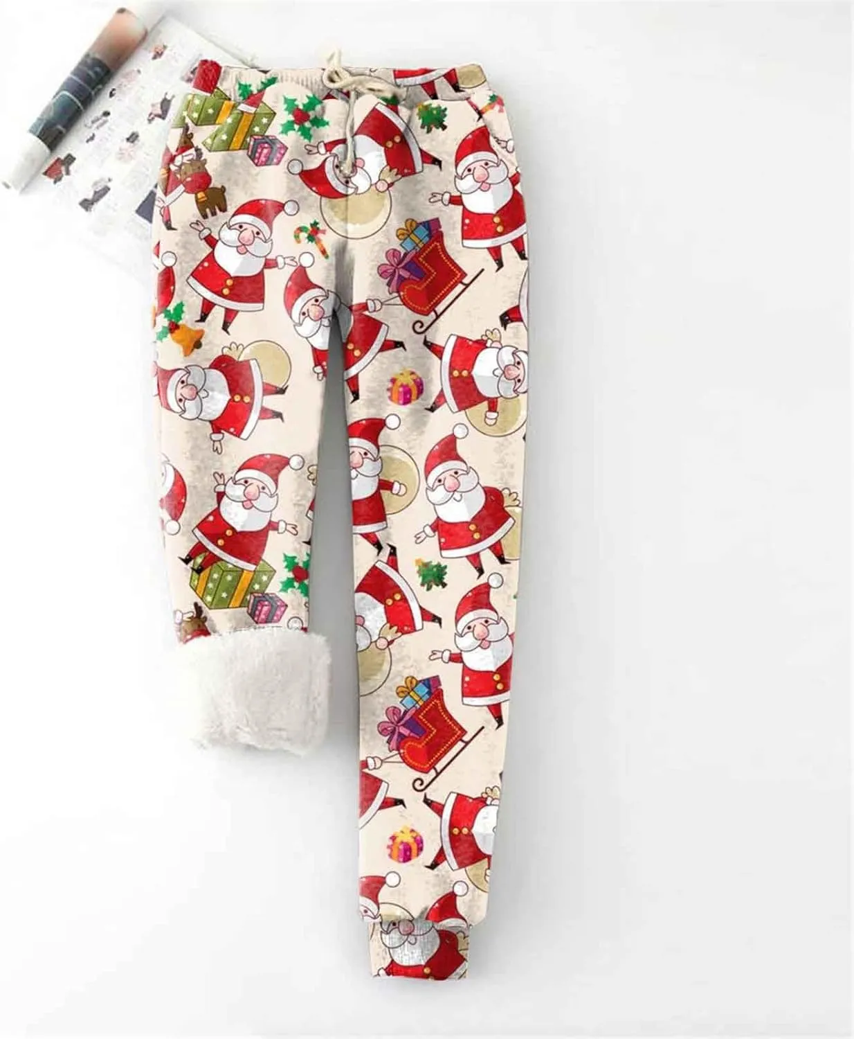 Christmas Fleece Joggers Women Plus Size Cute Polka Dot Sherpa Lined Sweatpants Thermal High Waisted Pants w/Pockets