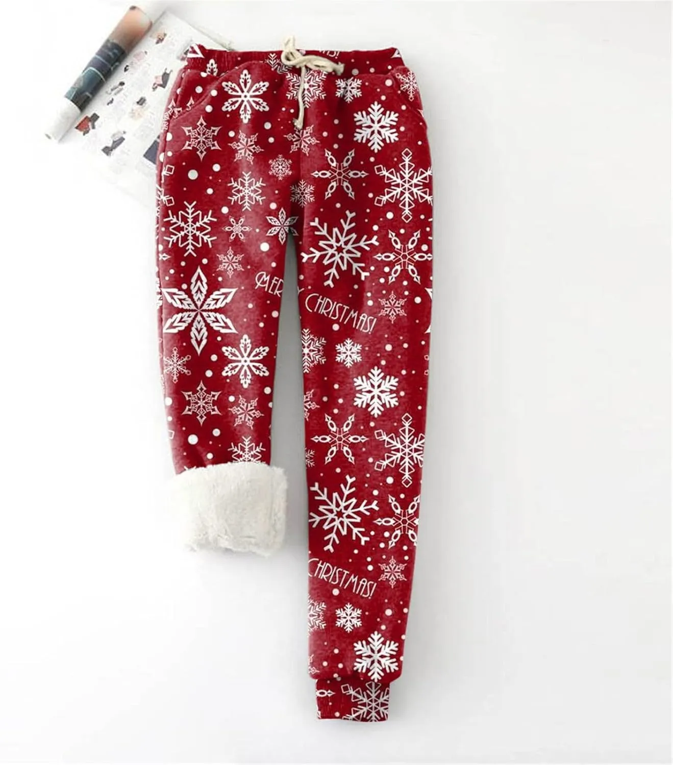 Christmas Fleece Joggers Women Plus Size Cute Polka Dot Sherpa Lined Sweatpants Thermal High Waisted Pants w/Pockets