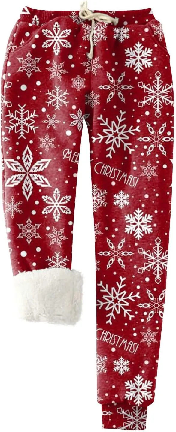 Christmas Fleece Joggers Women Plus Size Cute Polka Dot Sherpa Lined Sweatpants Thermal High Waisted Pants w/Pockets