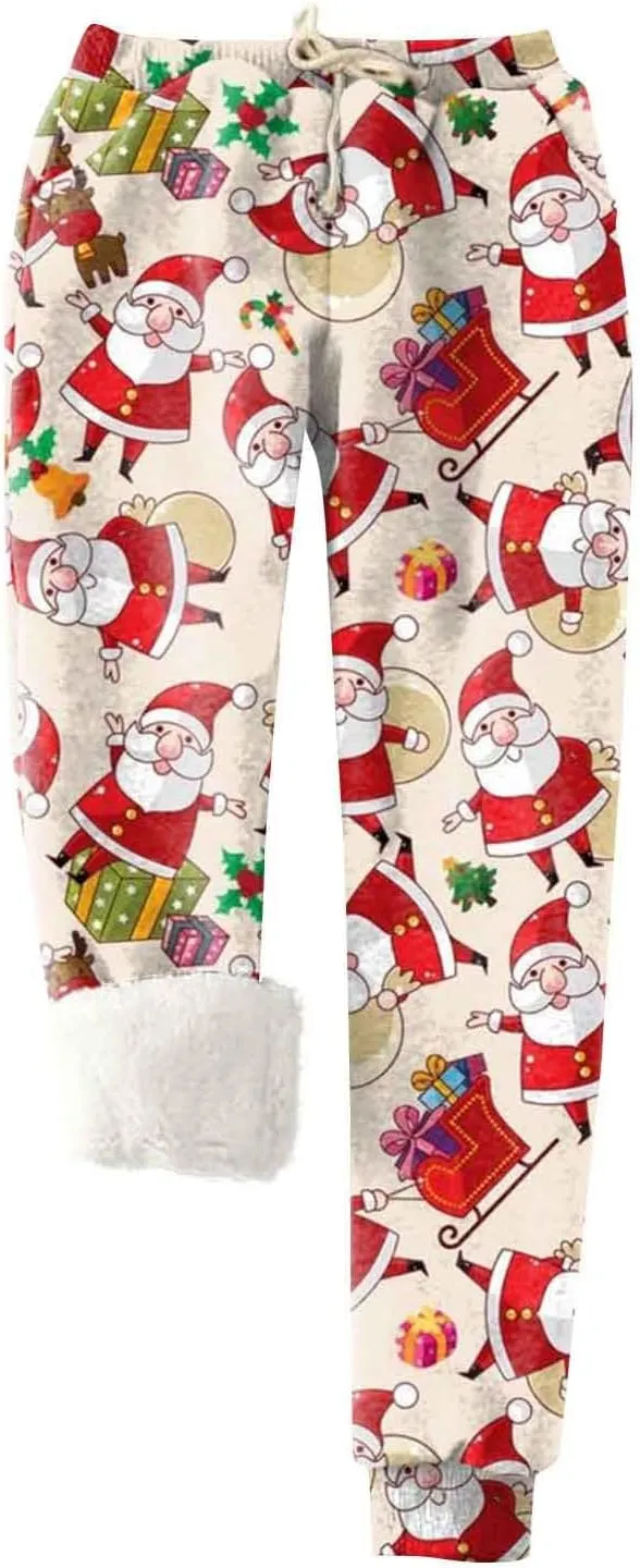 Christmas Fleece Joggers Women Plus Size Cute Polka Dot Sherpa Lined Sweatpants Thermal High Waisted Pants w/Pockets